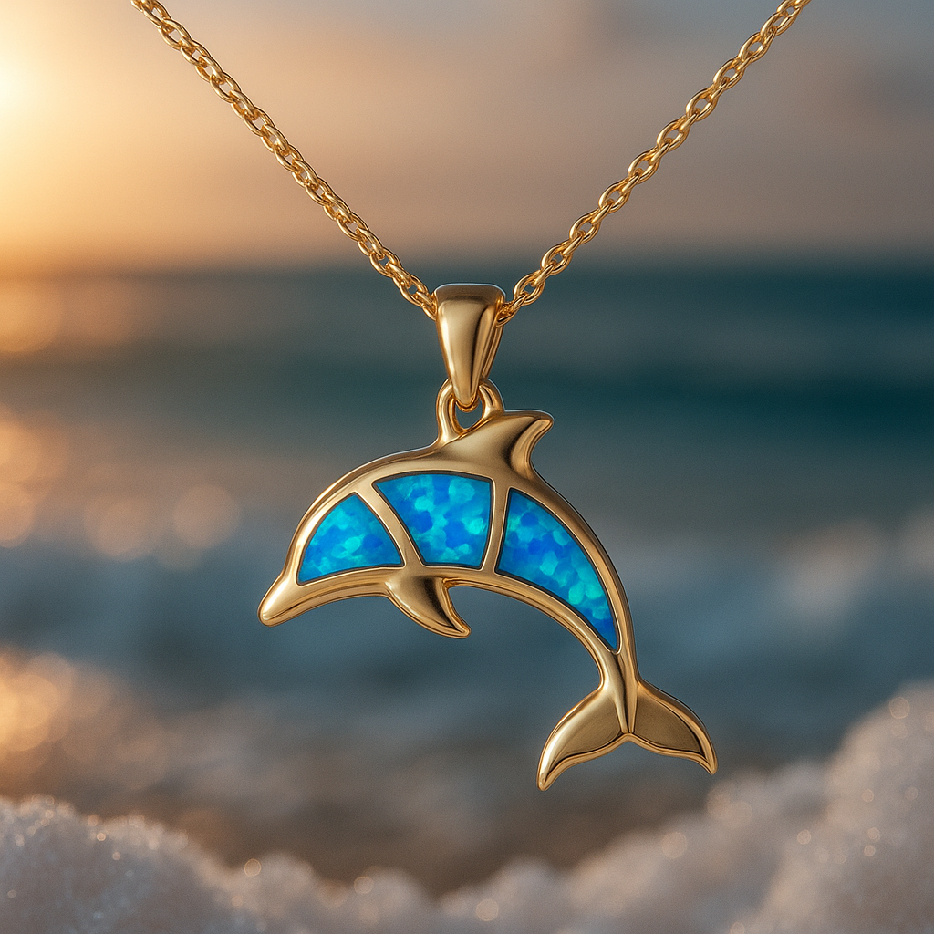 Gold Dolphin Necklace with Blue Opal Inlay