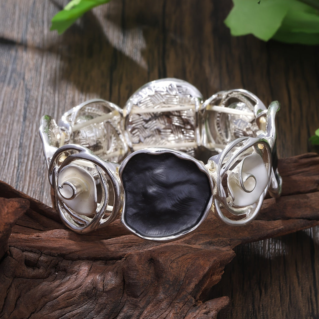 Bohemian Round Flower Geometric Design Cuff Elastic Bracelet