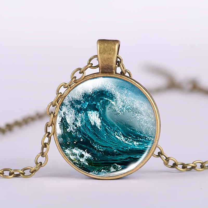 Vintage Ocean Wave Round Pendant Necklace