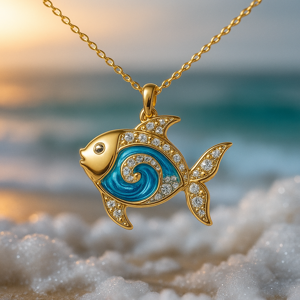 Gold Fish Necklace with Blue Opal & Crystal Details