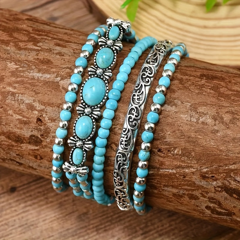 Bohemian Vintage Style Turquoise Beaded Bracelet Set
