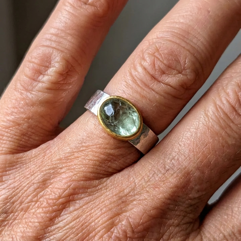 Vintage Green Tourmaline Sterling Silver & Gold Bezel Ring