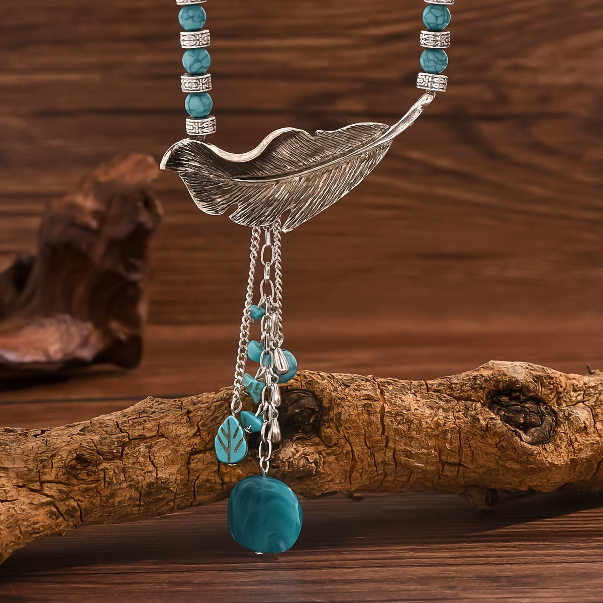 Vintage Bohemian Style Turquoise Beads Leaf Pendant Necklace