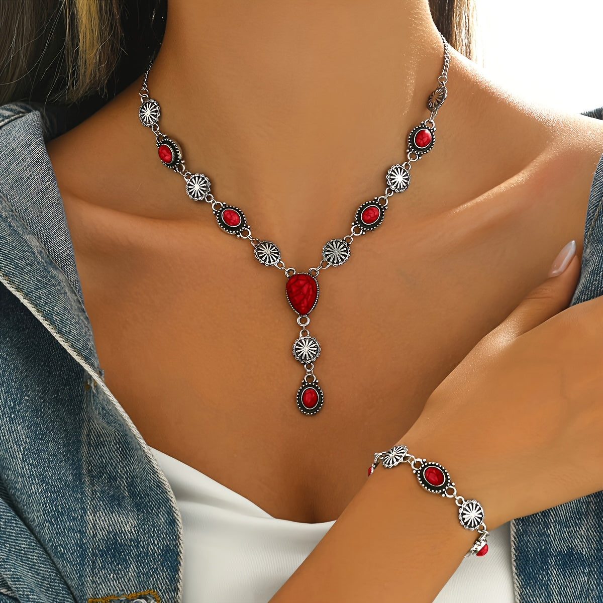 Bohemian Turquoise & Silver Floral Necklace and Bracelet Set