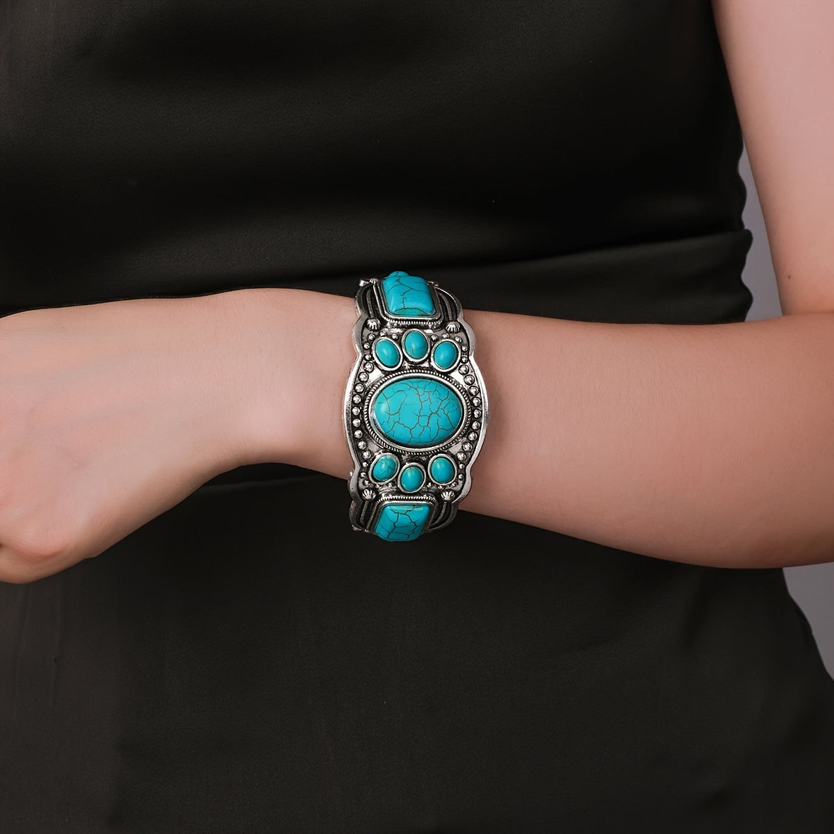Vintage Ethnic Style Turquoise Open Cuff Bracelet