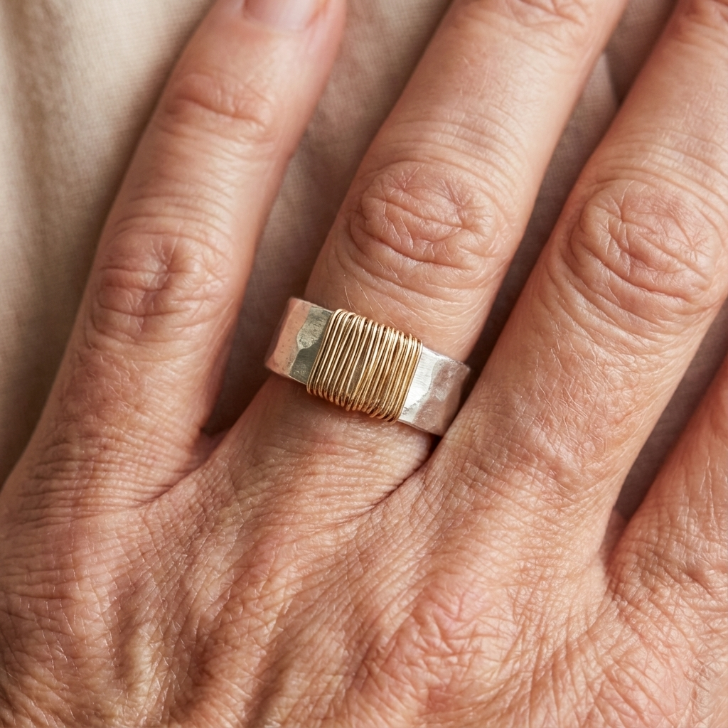 Hammered Silver & Gold Wire Artisan Statement Ring