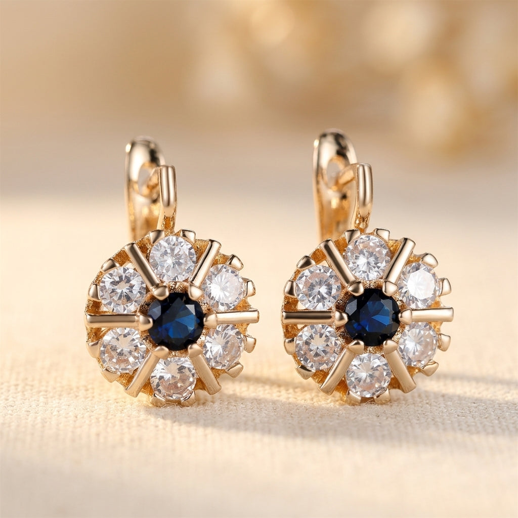 Blue Crystal White Zircon Flower Hoop Earrings