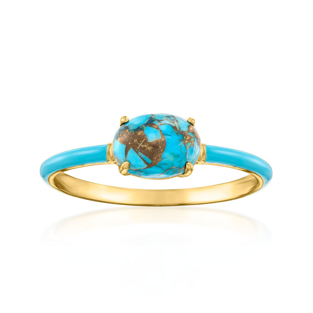 Vintage Enameled Geometric Oval Turquoise Gold Plated Ring
