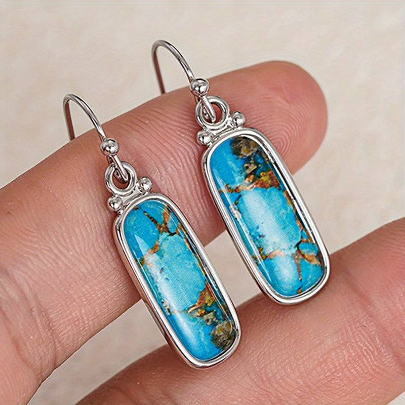 Turquoise Silver Plated Rectangle Drop Earrings