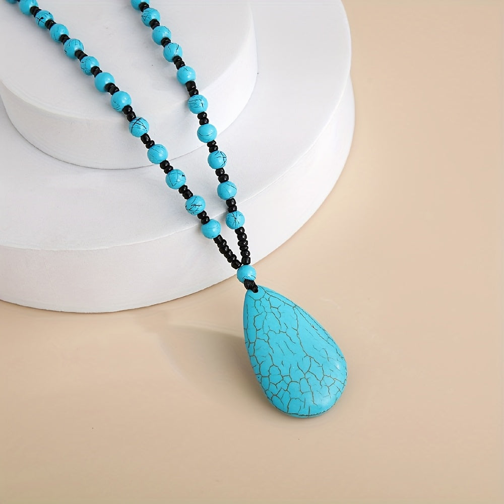 Bohemian Turquoise Beaded Large Teardrop Pendant Necklace