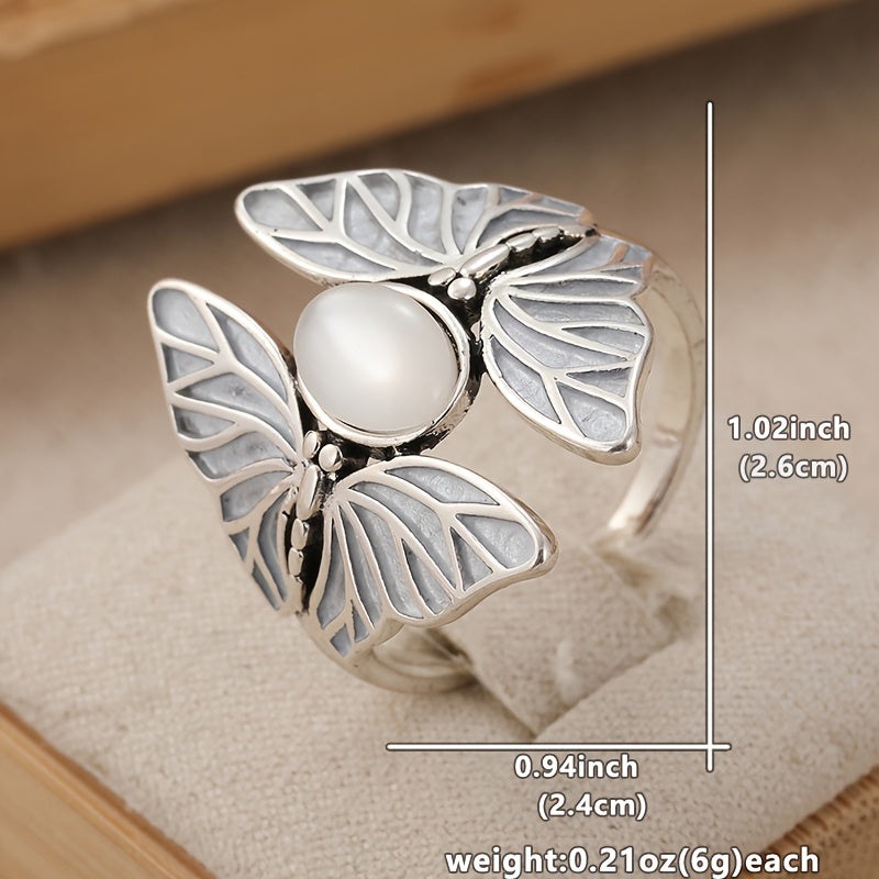 Elegant Silver Plated Butterfly Oval Moonstone Ring