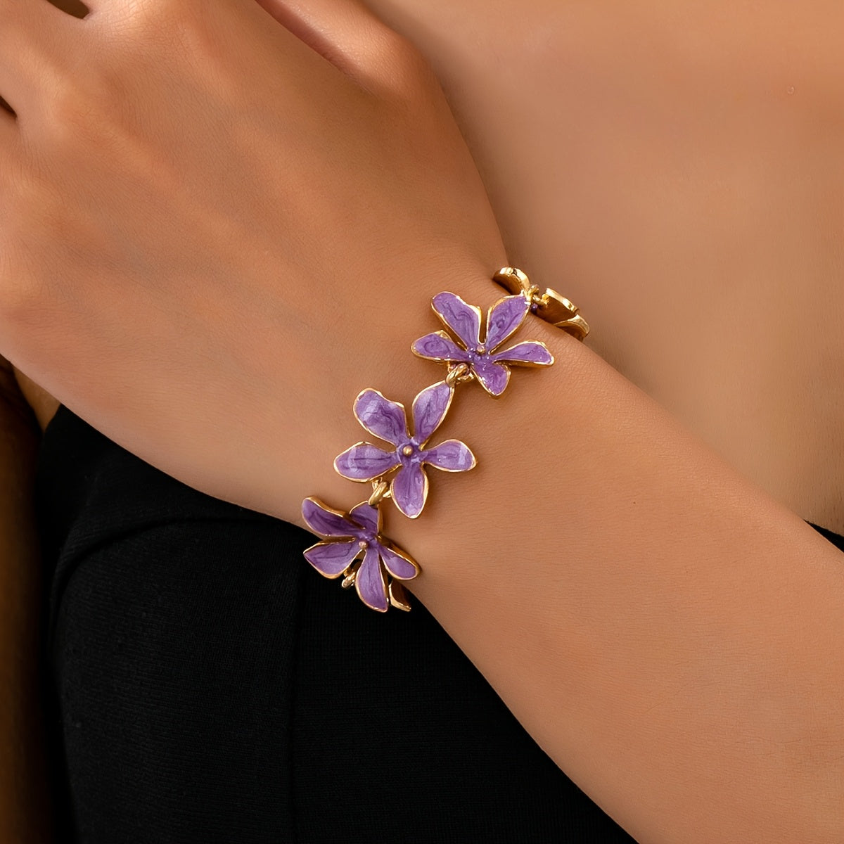 Vintage Style Purple Enamel Flowers Gold Plated Bracelet