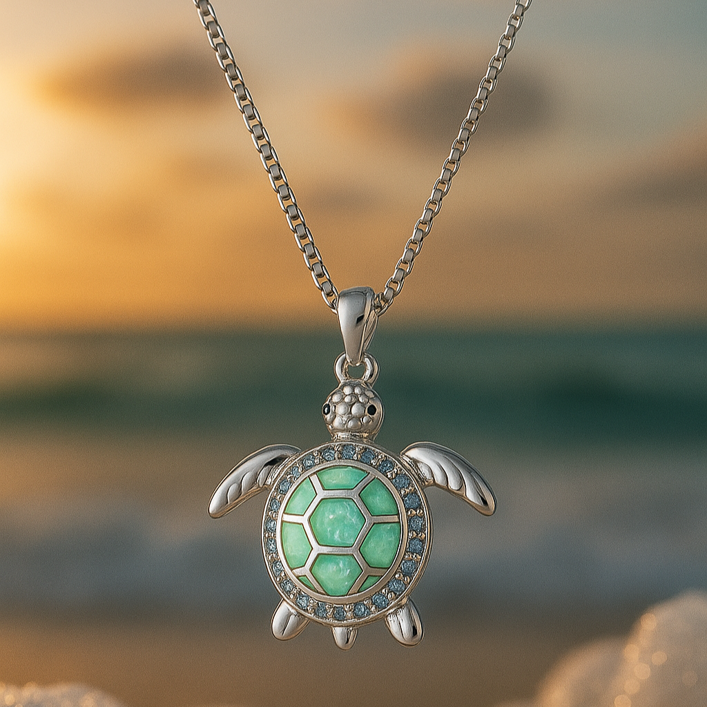 Silver Turtle Necklace with Turquoise Opal Inlay