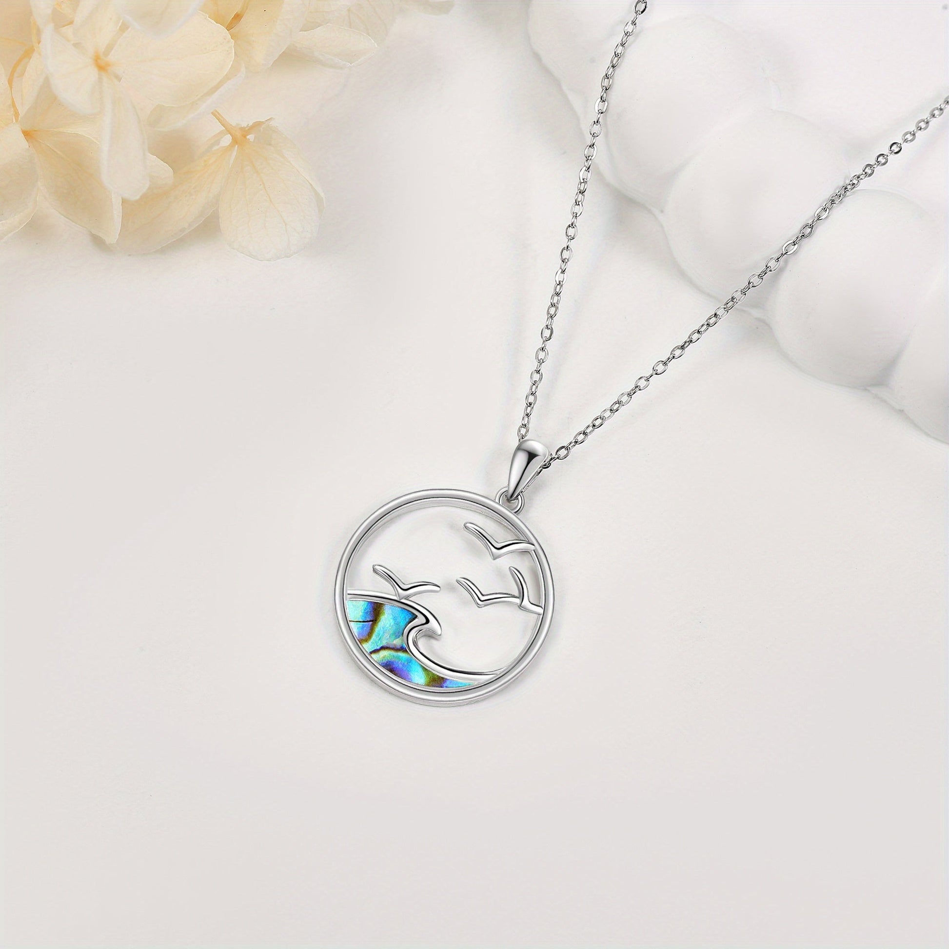 Silver Seagull & Ocean Wave Pendant Necklace