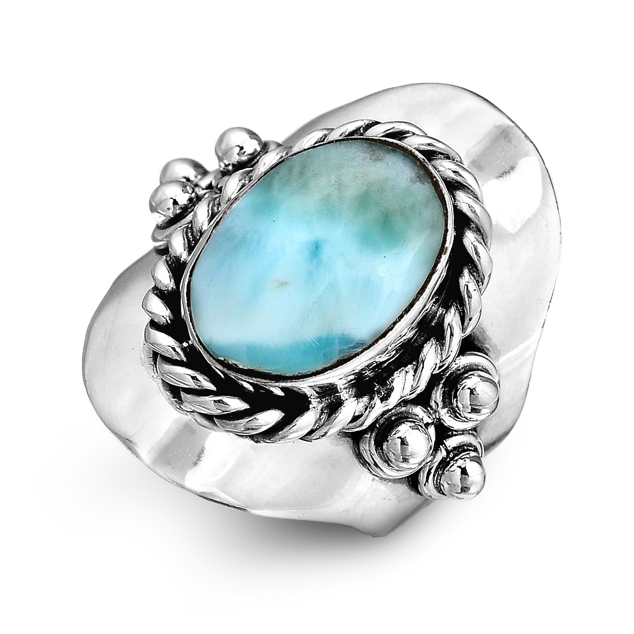 Vintage Style Oval Larimar Silver Boho Ring