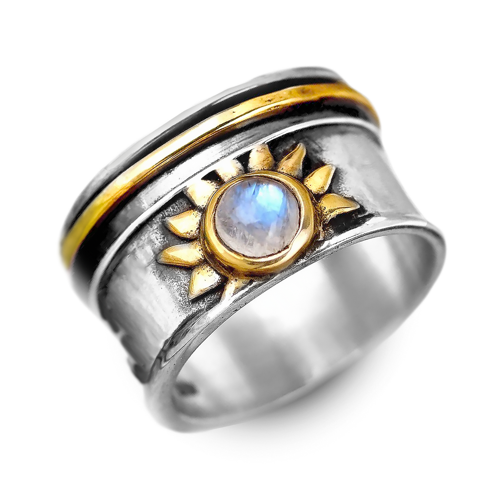Elegant Celestial Sun Moonstone Fidget Silver Ring