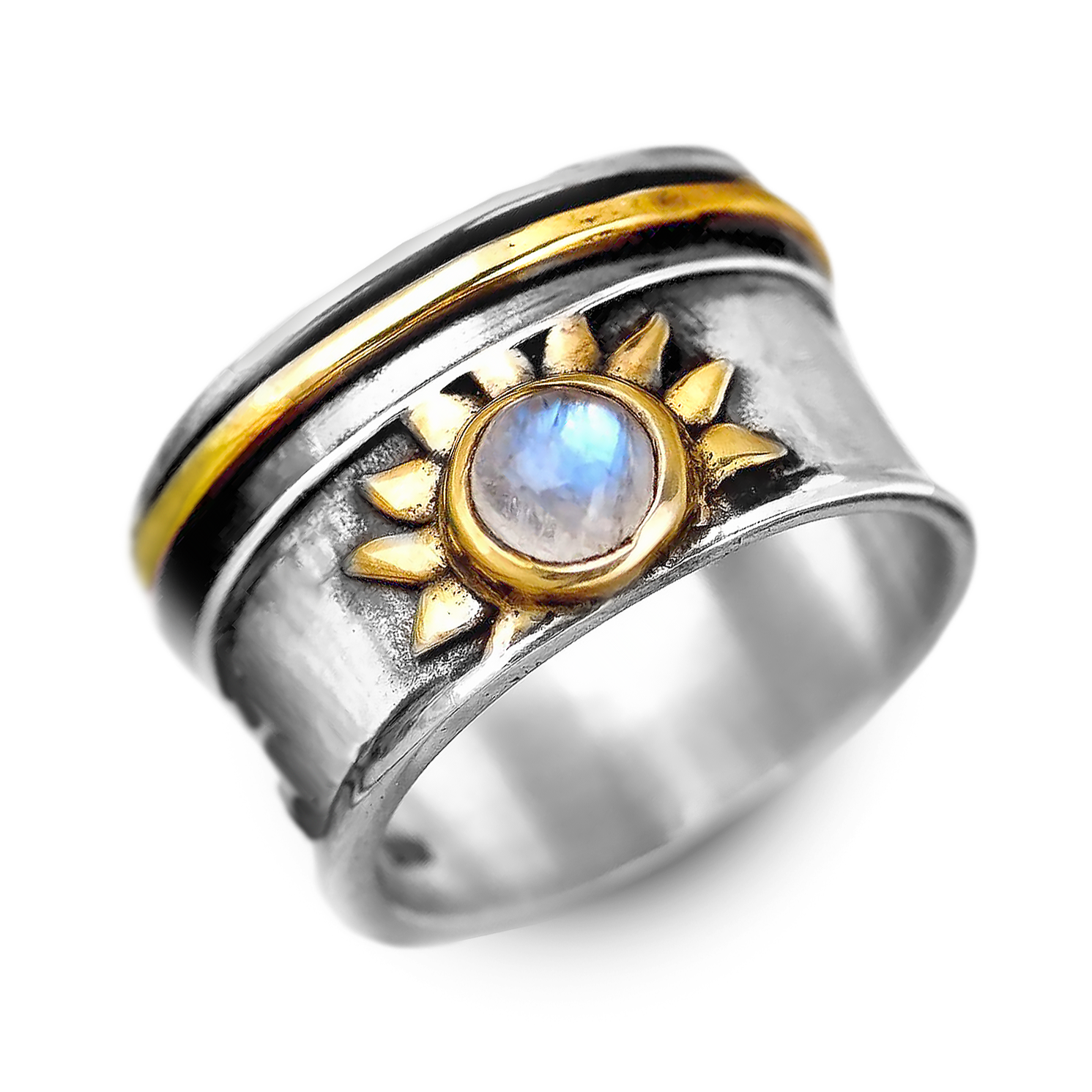 Elegant Celestial Sun Moonstone Fidget Silver Ring