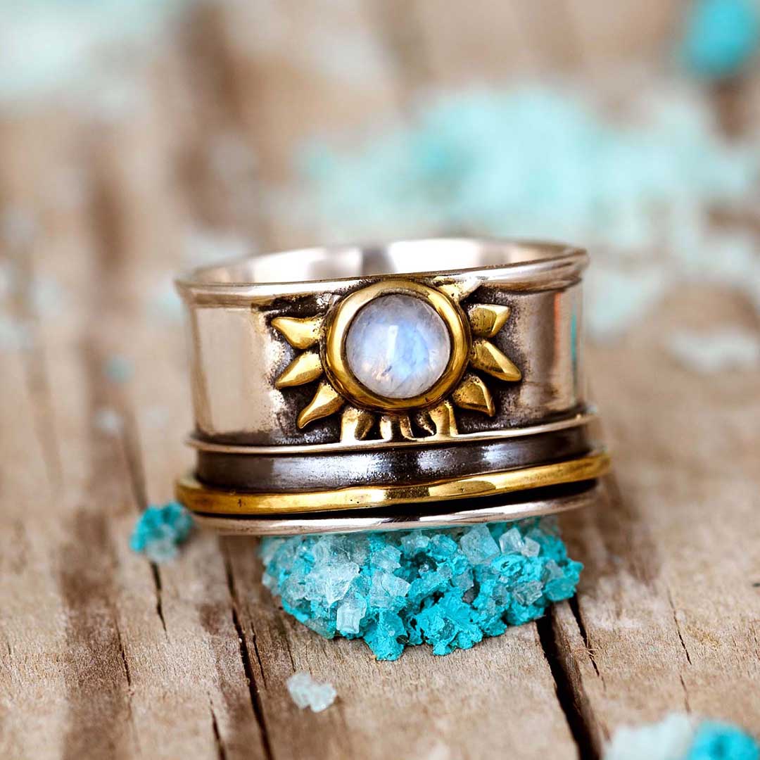 Elegant Celestial Sun Moonstone Fidget Silver Ring