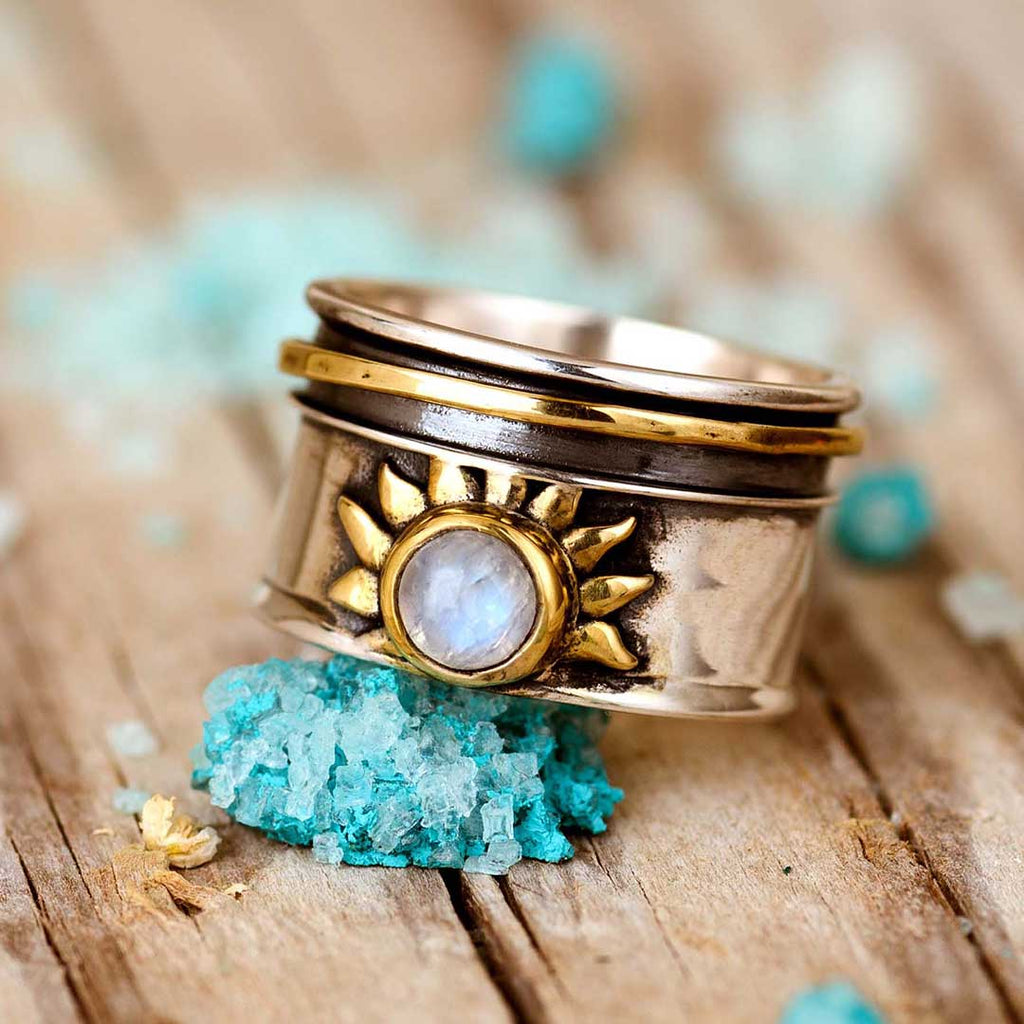 Elegant Celestial Sun Moonstone Fidget Silver Ring
