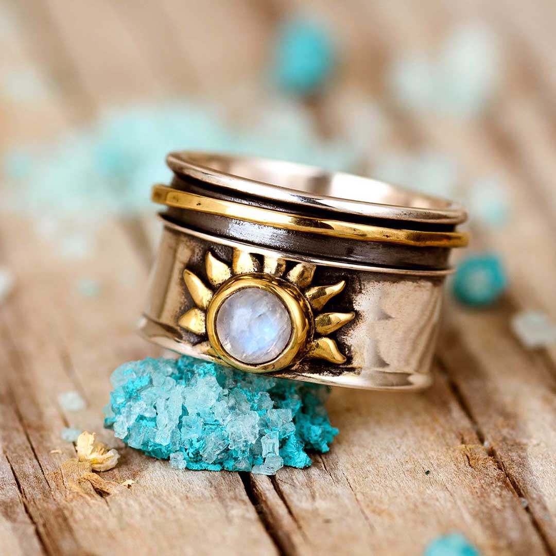 Elegant Celestial Sun Moonstone Fidget Silver Ring