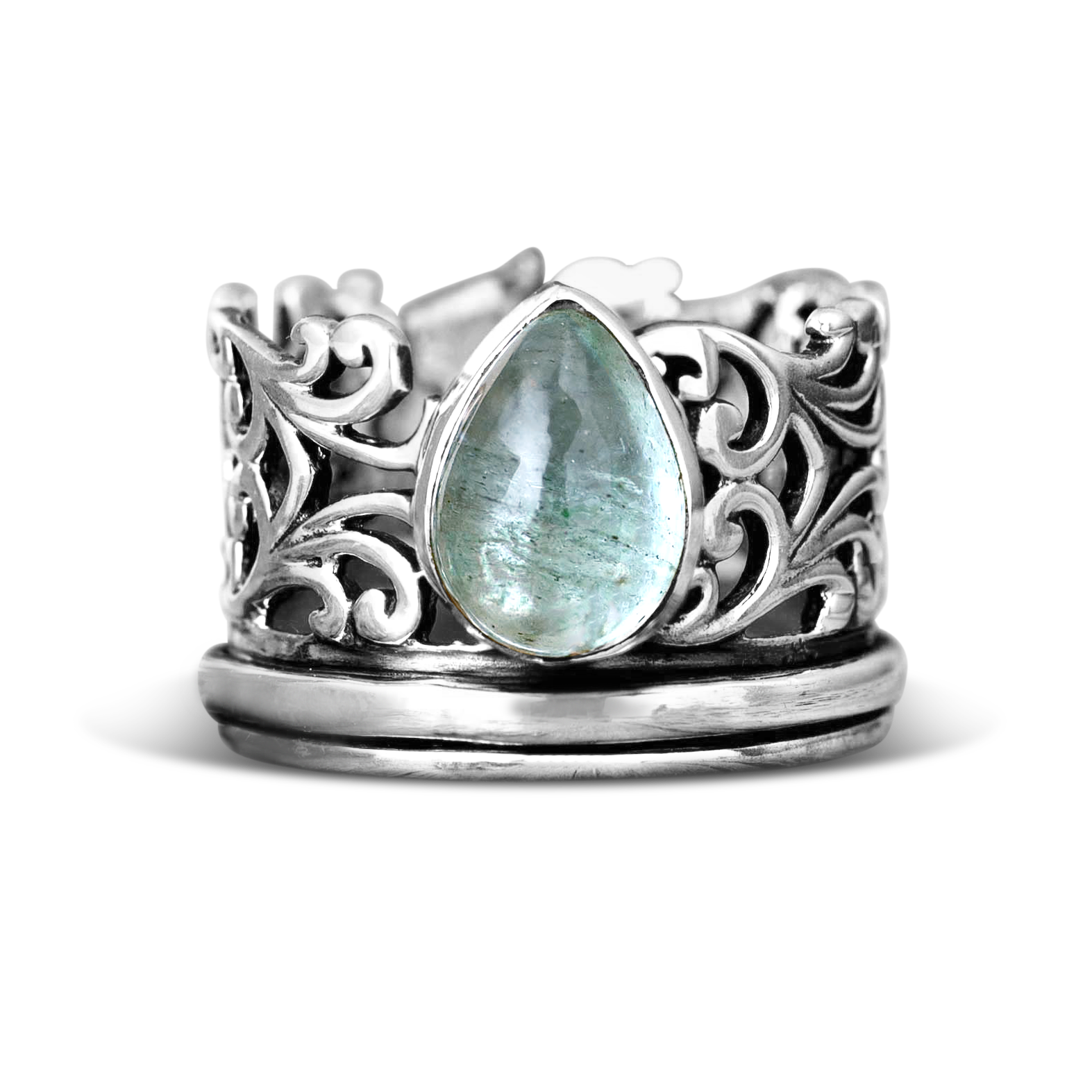 Elegant Teardrop Aquamarine Fidget Silver Ring