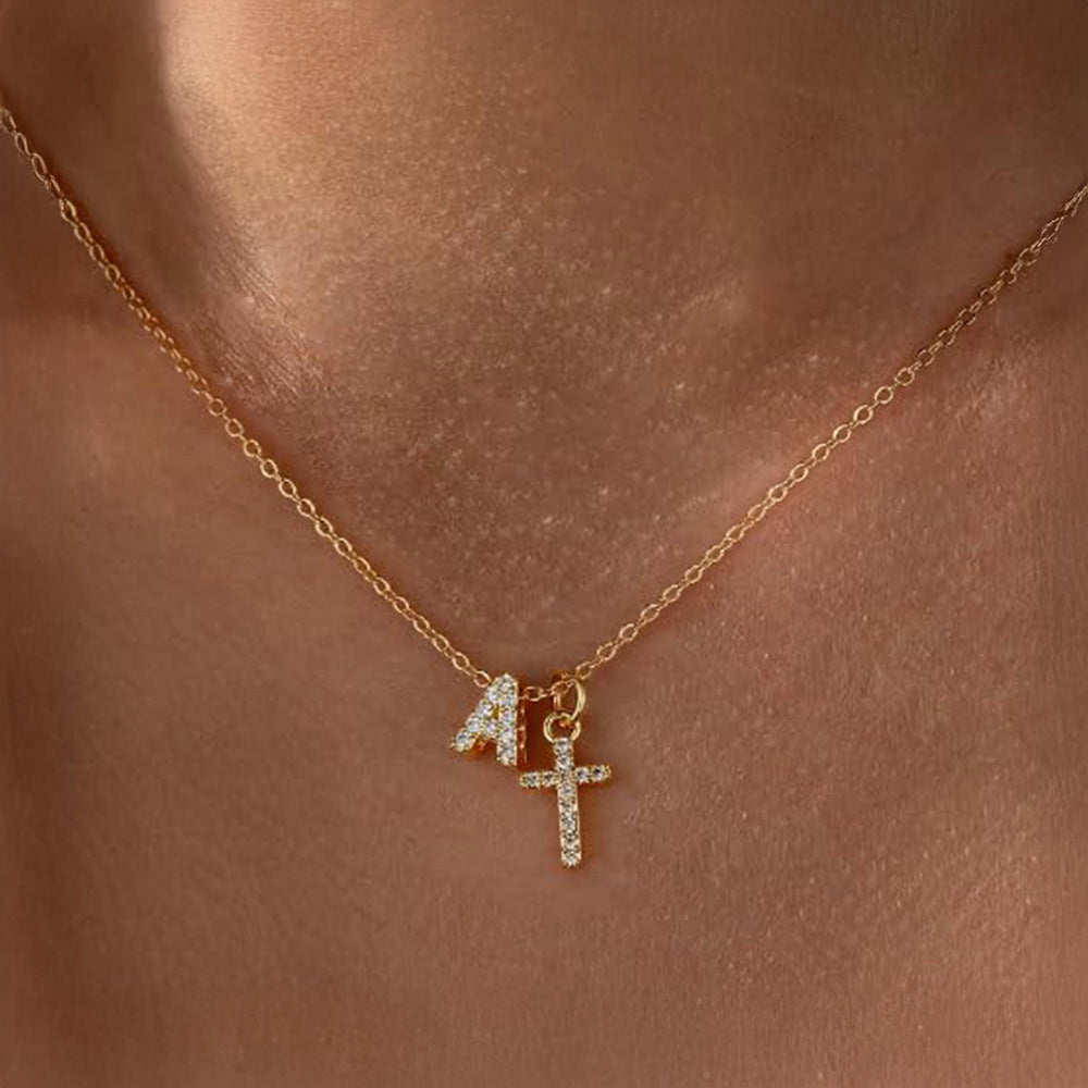 Dainty Diamond Initial & Cross Pendant Necklace