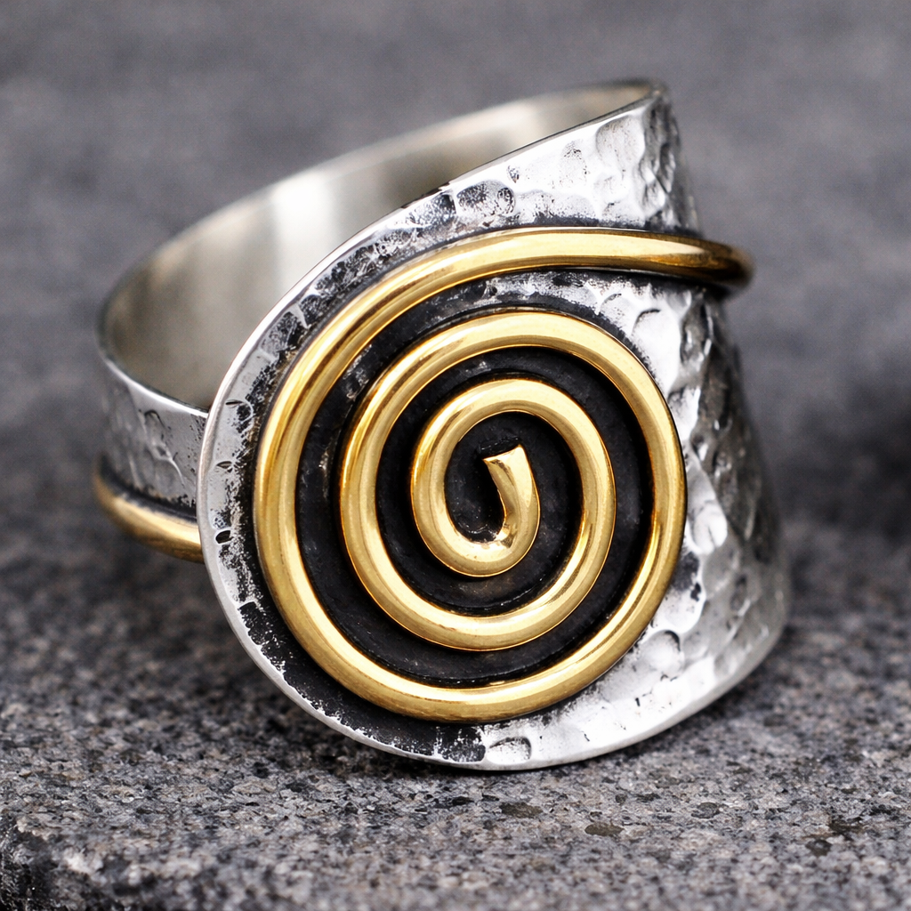Bohemian Metal Silver & Gold Color Swirl Circular Wide Open Ring