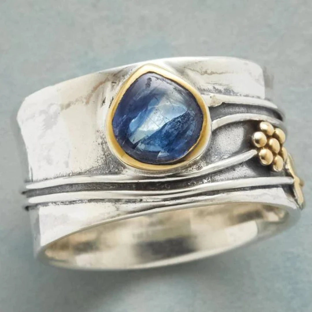 Blue Stone Silver & Gold Wide Band Ring