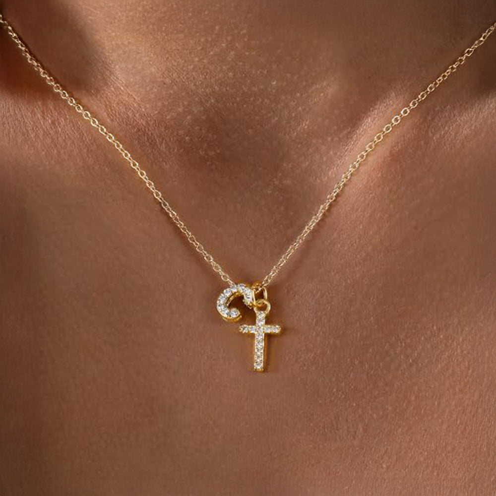 Dainty Diamond Initial & Cross Pendant Necklace