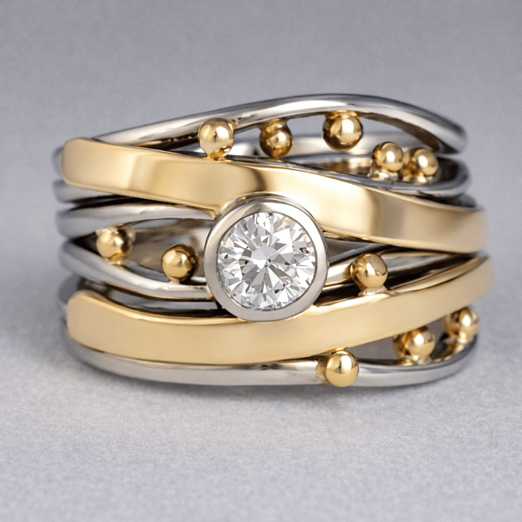 Vintage Zirconia Accent Gold Inlay Artisan Band Ring