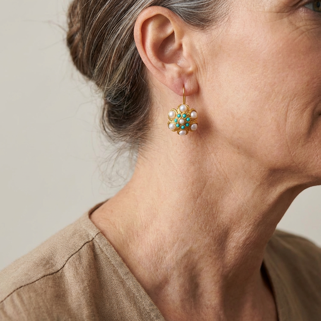 Classic Turquoise & Pearl Gold Plated Flower Earrings