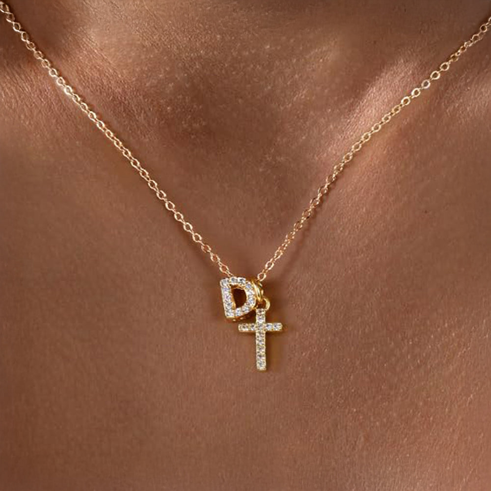 Dainty Diamond Initial & Cross Pendant Necklace