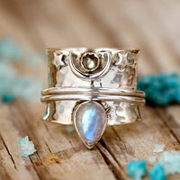 Elegant Moon Stone Star and Moon Wide Ring