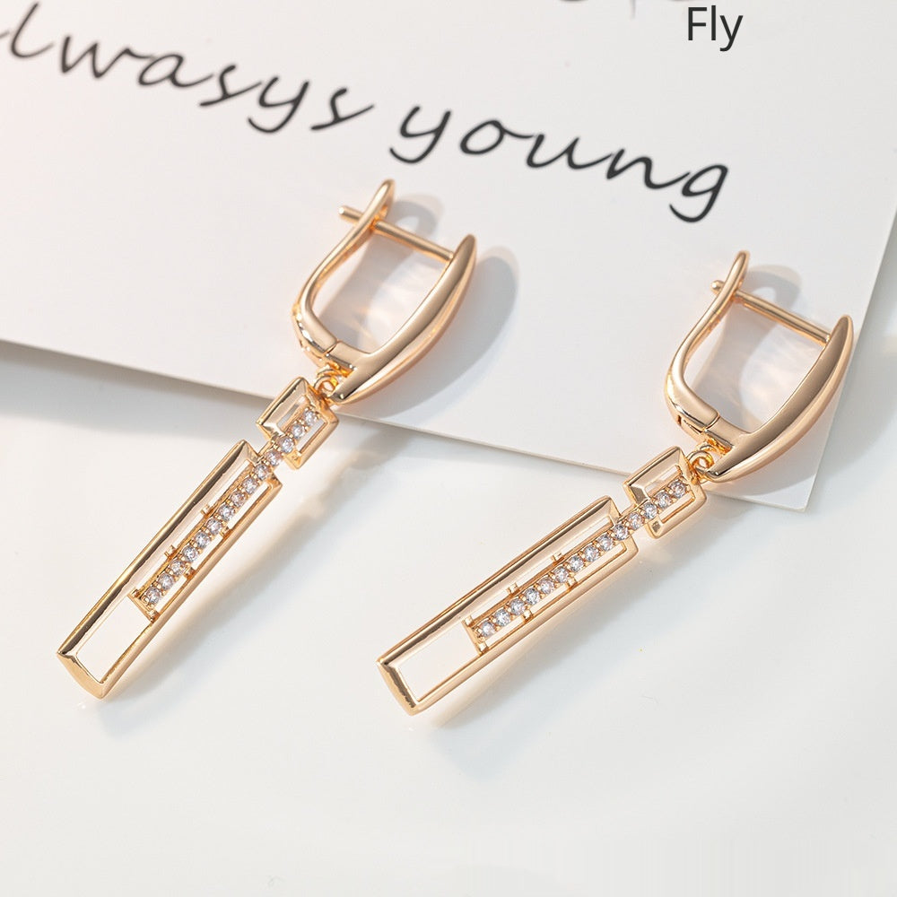 Elegant Rectangular Earrings with Purple Crystals in Gold