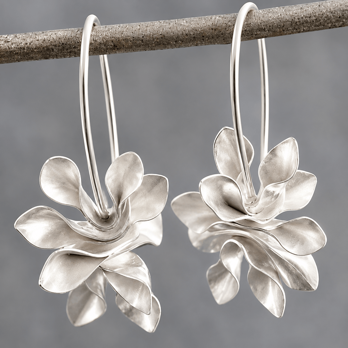 Elegant Silver Floral Hoop Drop Earrings