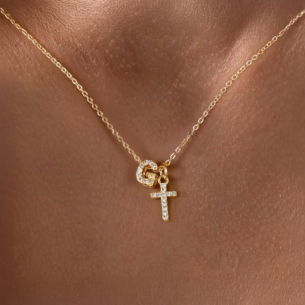 Dainty Diamond Initial & Cross Pendant Necklace