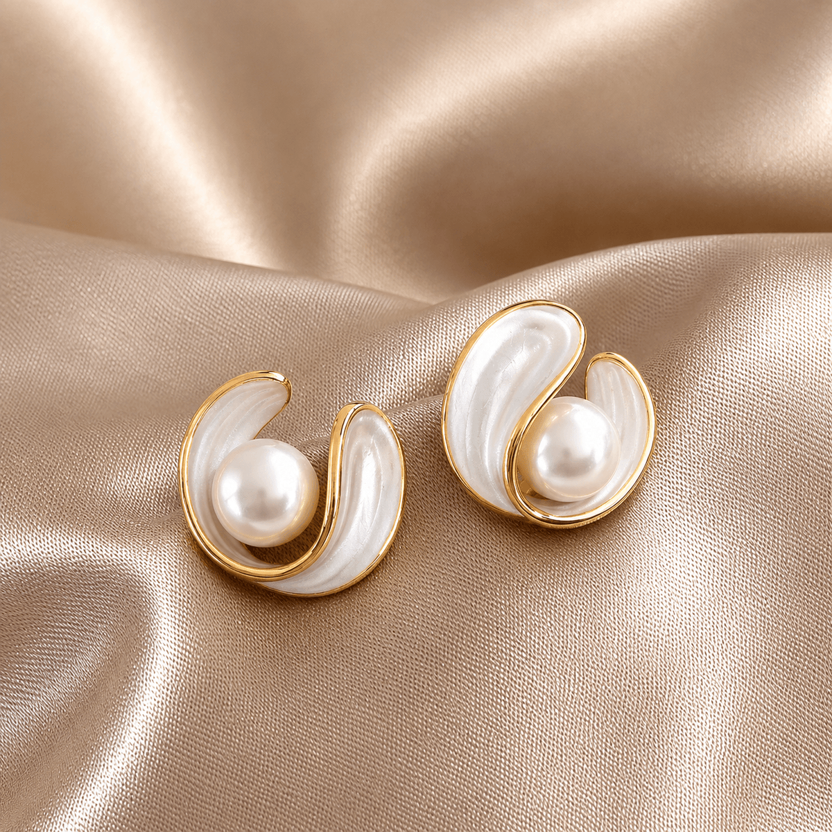 Gold Pearl and White Enamel Stud Earrings