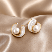 Gold Pearl and White Enamel Stud Earrings