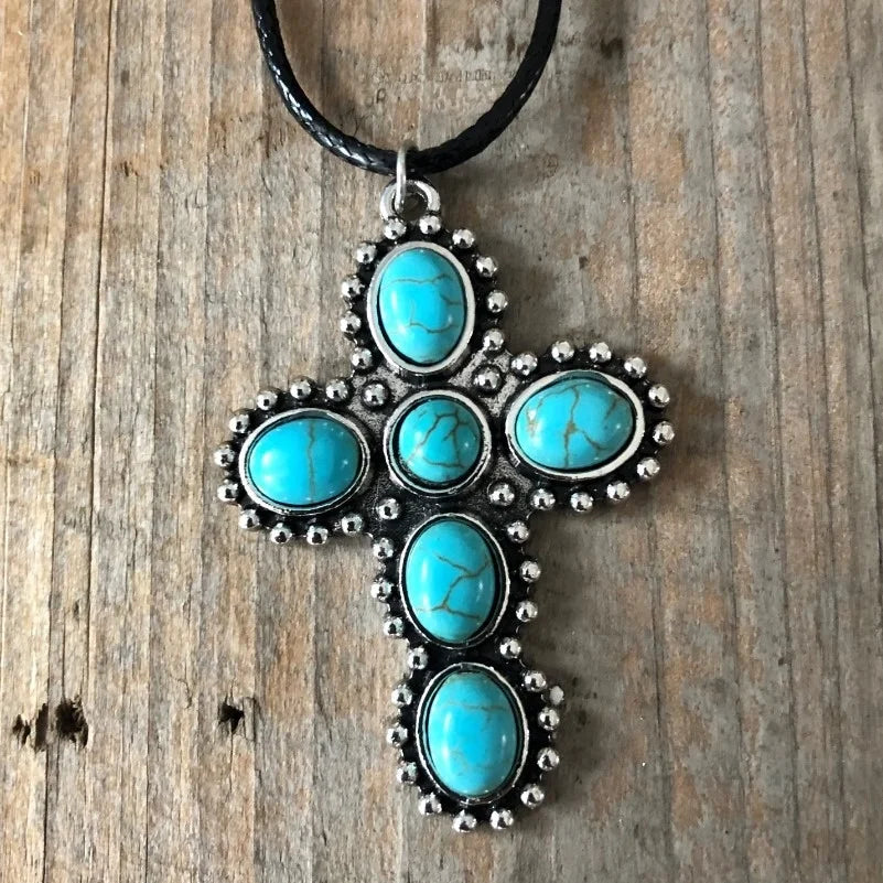Bohemian Retro Silver Tone Turquoise Cross Pendant Necklace
