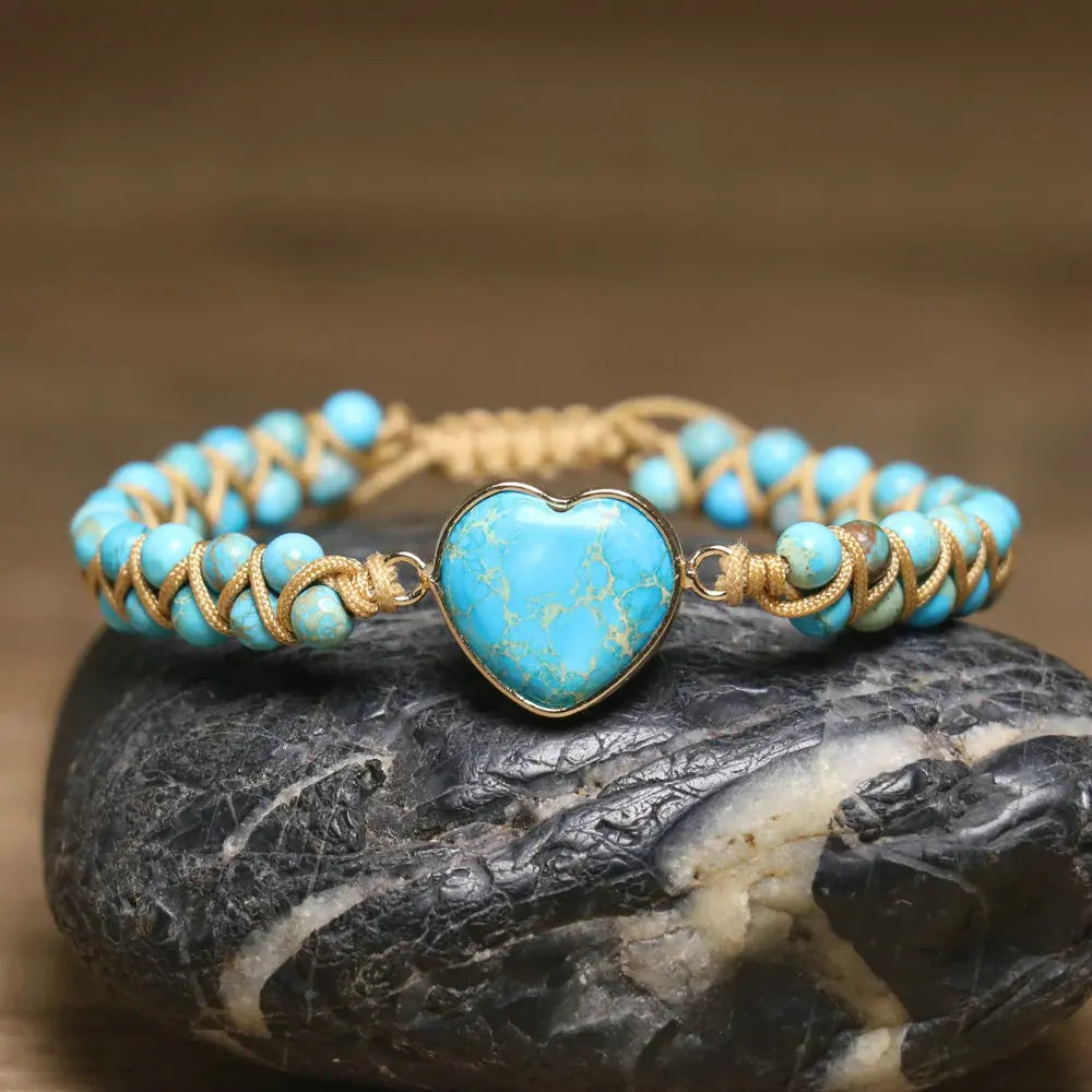 Vintage Boho Beaded Turquoise Heart Charm Bracelet