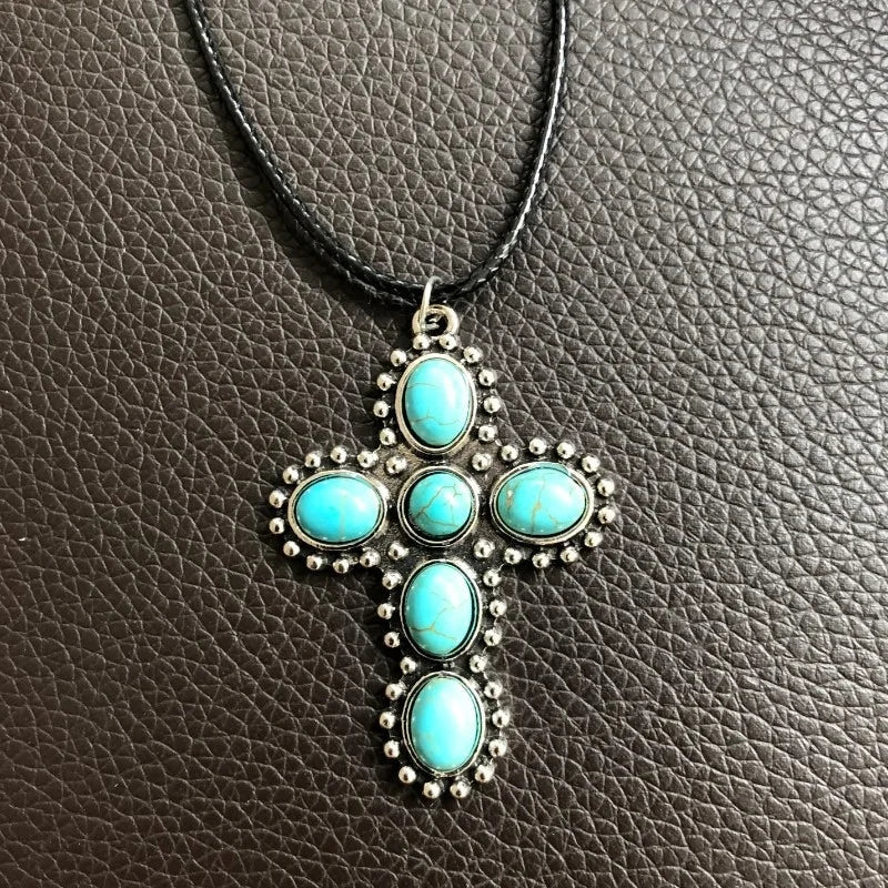 Bohemian Retro Silver Tone Turquoise Cross Pendant Necklace