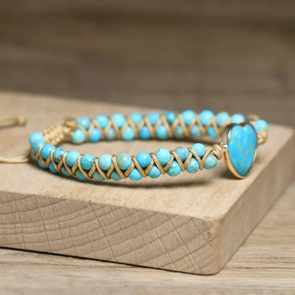Vintage Boho Beaded Turquoise Heart Charm Bracelet