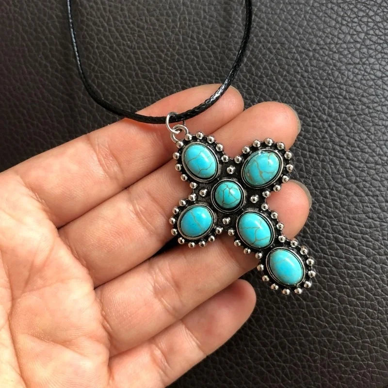 Bohemian Retro Silver Tone Turquoise Cross Pendant Necklace
