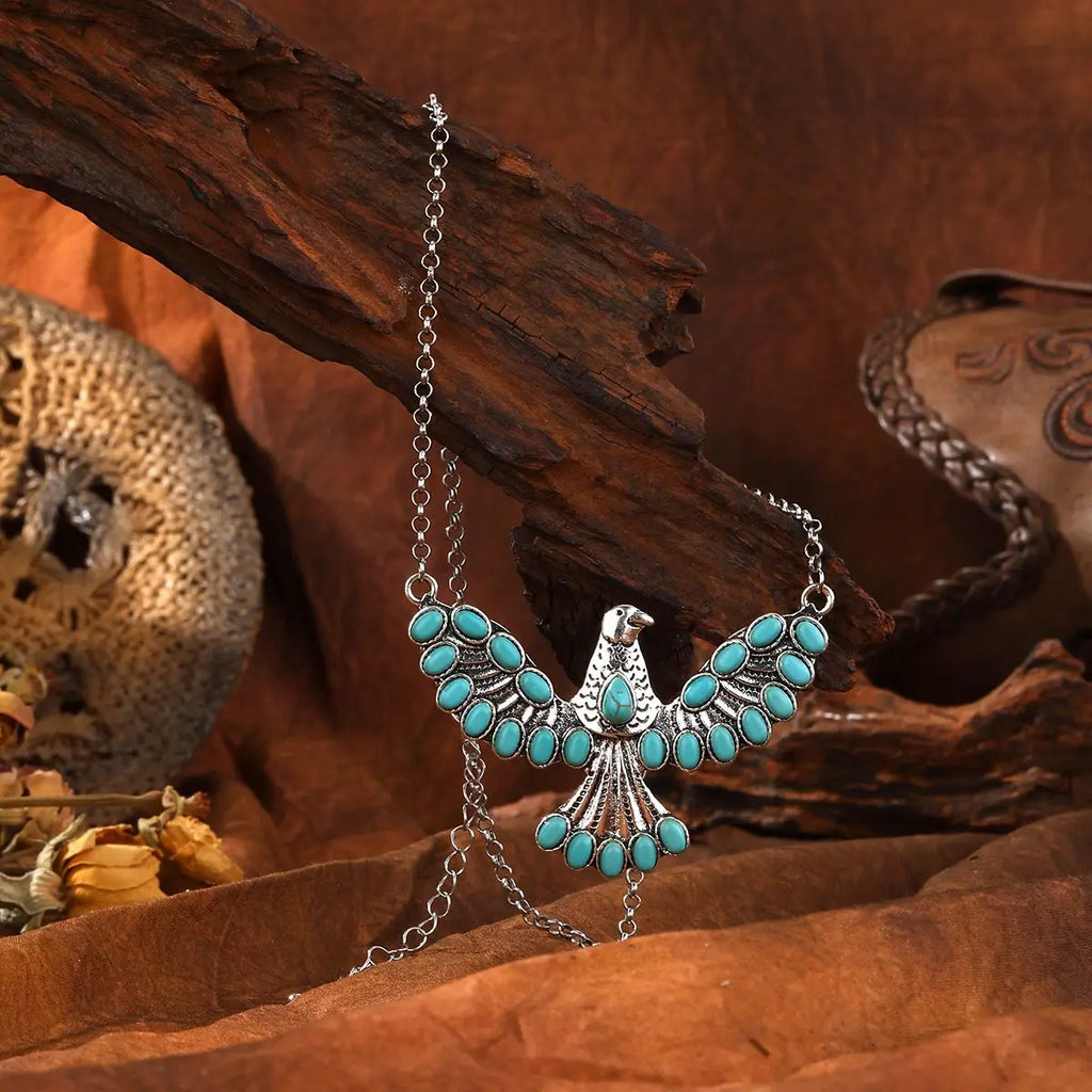 Bohemian Southwestern Turquoise Eagle Pendant Necklace