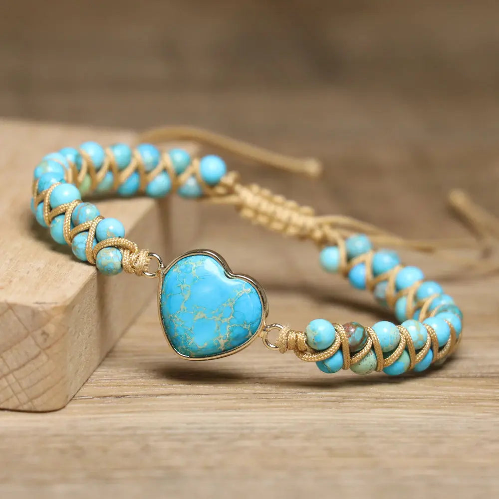 Vintage Boho Beaded Turquoise Heart Charm Bracelet