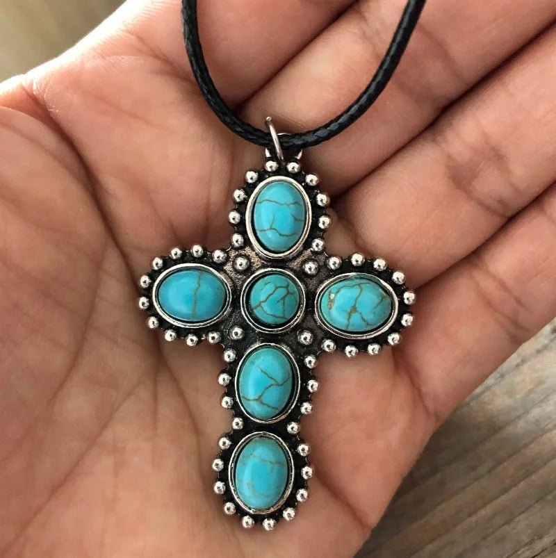 Bohemian Retro Silver Tone Turquoise Cross Pendant Necklace