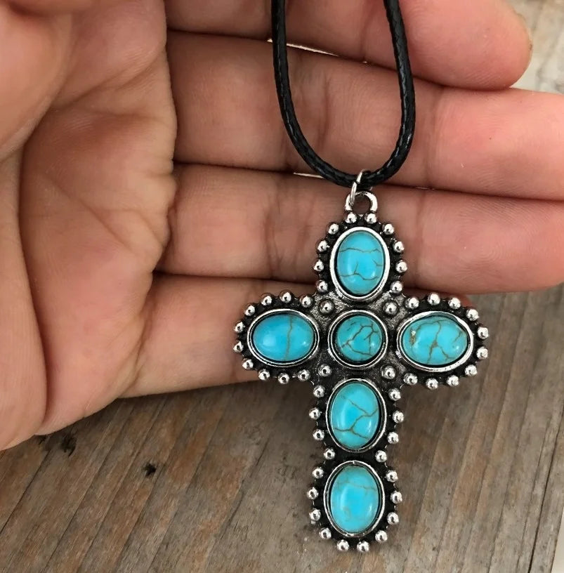 Bohemian Retro Silver Tone Turquoise Cross Pendant Necklace