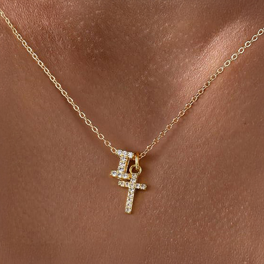 Dainty Diamond Initial & Cross Pendant Necklace