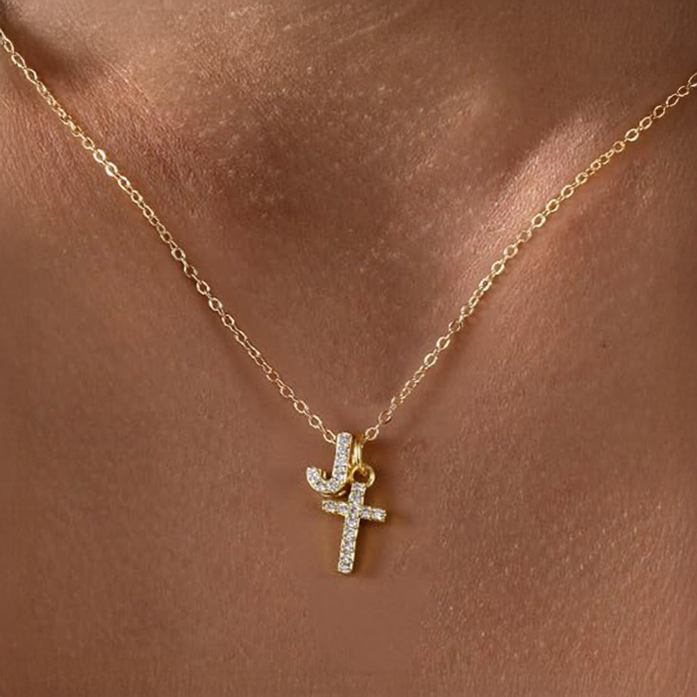 Dainty Diamond Initial & Cross Pendant Necklace