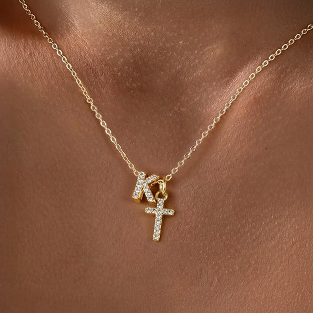 Dainty Diamond Initial & Cross Pendant Necklace